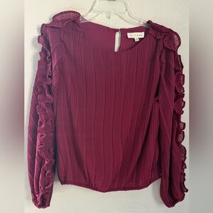 Women's Burgundy Long Sleeve Blouse with Ruffled Sleeves- Burgundy, Sz M